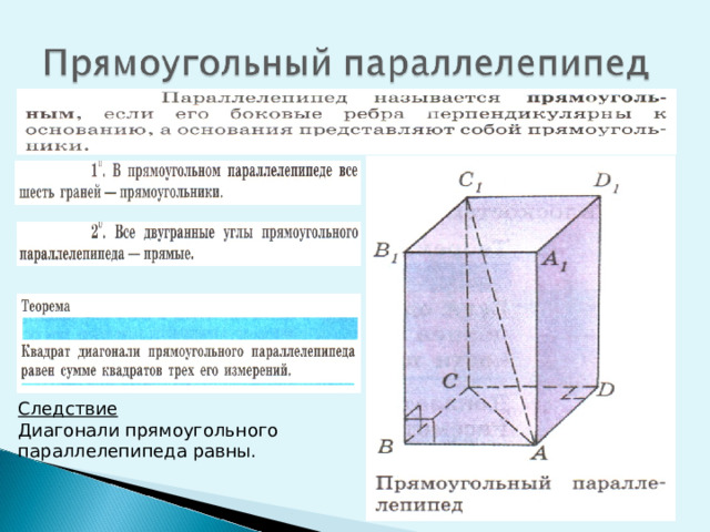 Следствие Диагонали прямоугольного параллелепипеда равны. 