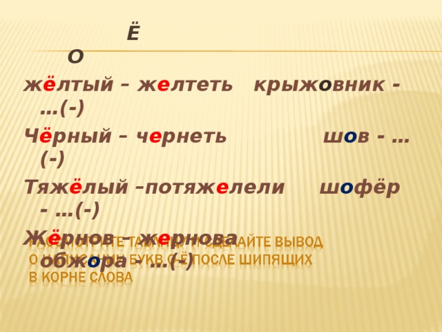  Ё О ж ё лтый – ж е лтеть крыж о вник - …(-) Ч ё рный – ч е рнеть  ш о в - …(-) Тяж ё лый –потяж е лели  ш о фёр - …(-) Ж ё рнов – ж е рнова обж о ра - …(-)  