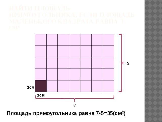Найти площадь прямоугольника, если площадь маленького квадрата равна 1 см 2                                                                         5 1см 1см 7 Площадь прямоугольника равна 7•5=35(см 2 ) 