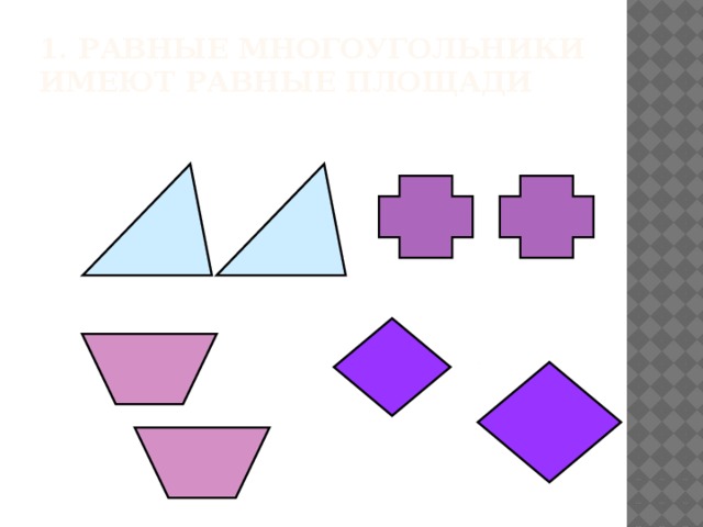 1. Равные многоугольники имеют равные площади   