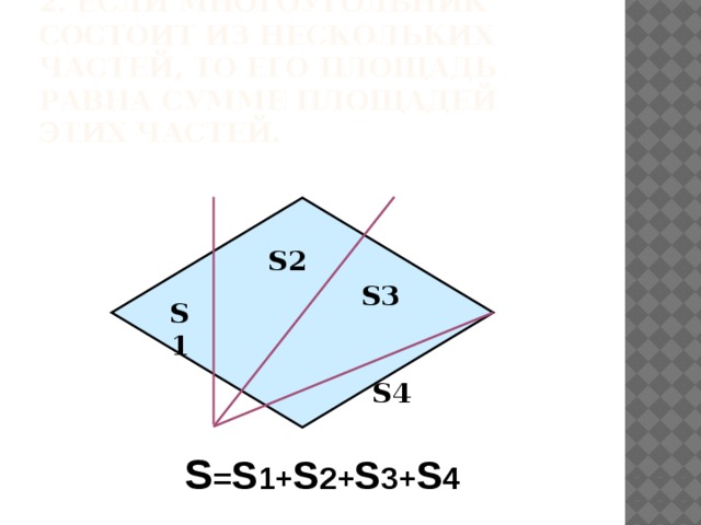 2. Если многоугольник состоит из нескольких частей, то его площадь равна сумме площадей этих частей. S2 S3 S1 S4  S = S 1+ S 2+ S 3+ S 4 