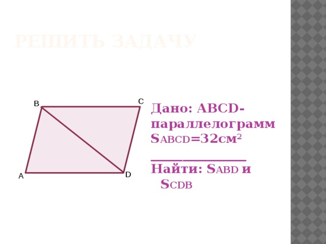 В D Решить задачу Дано: ABCD- параллелограмм S ABCD =32см 2 _______________ Найти: S ABD и S CDВ С А 