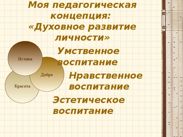 Моя педагогическая концепция:  «Духовное развитие личности» Истина Умственное  воспитание Добро Красота Нравственное воспитание Эстетическое воспитание 