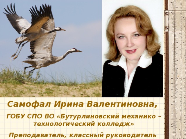 Самофал Ирина Валентиновна, ГОБУ СПО ВО «Бутурлиновский механико – технологический колледж» Преподаватель, классный руководитель 1995-2012 г.г. 