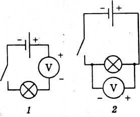 На какой схеме вольтметр включен в цепь неправильно