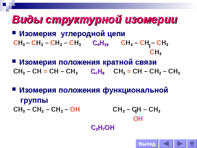 Виды структурной изомерии Изомерия углеродной цепи   С Н 3 – С Н 2 – С Н 2 – С Н 3 С 4 Н 10  С Н 3 – С Н – С Н 3  С Н 3 Изомерия положения кратной связи  СН 3 – СН = СН – СН 3  С 4 Н 8  СН 2  = СН – СН 2 – СН 3   Изомерия положения функциональной  группы   СН 3 – СН 2 – СН 2 – ОН СН 3 – СН – СН 3   ОН  С 3 Н 7 ОН Выход 