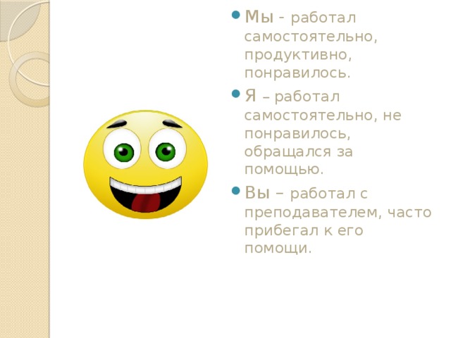 Мы - работал самостоятельно, продуктивно, понравилось. Я – работал самостоятельно, не понравилось, обращался за помощью. Вы – работал с преподавателем, часто прибегал к его помощи.