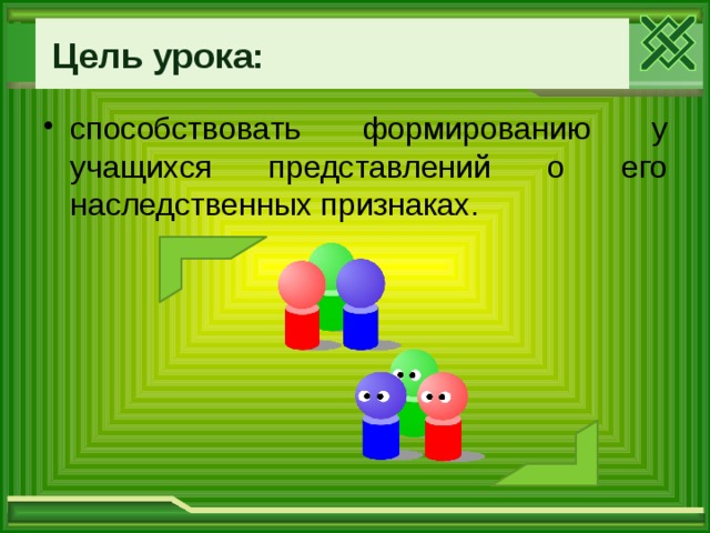  Цель урока: способствовать формированию у учащихся представлений о его наследственных признаках. Для учителя  
