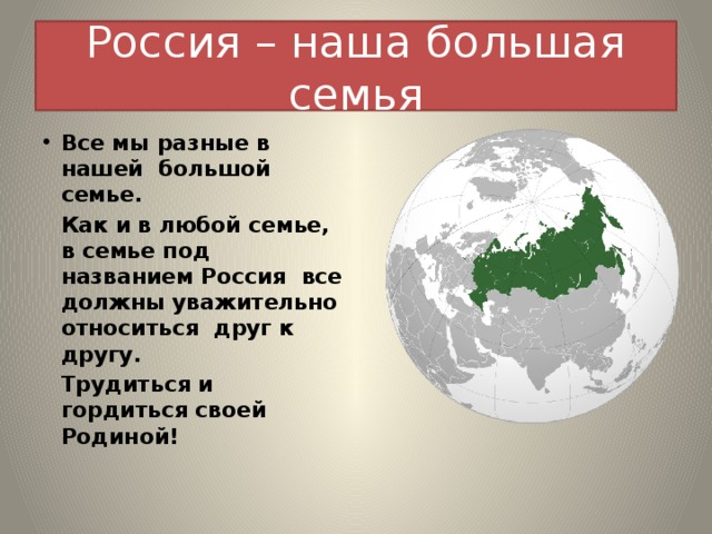 Россия – наша большая семья Все мы разные в нашей большой семье.  Как и в любой семье, в семье под названием Россия все должны уважительно относиться друг к другу.  Трудиться и гордиться своей Родиной! 