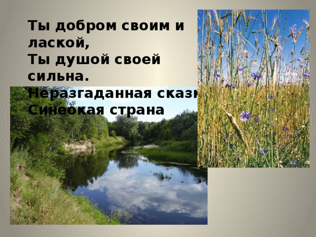Ты добром своим и лаской,  Ты душой своей сильна.  Неразгаданная сказка,  Синеокая страна 