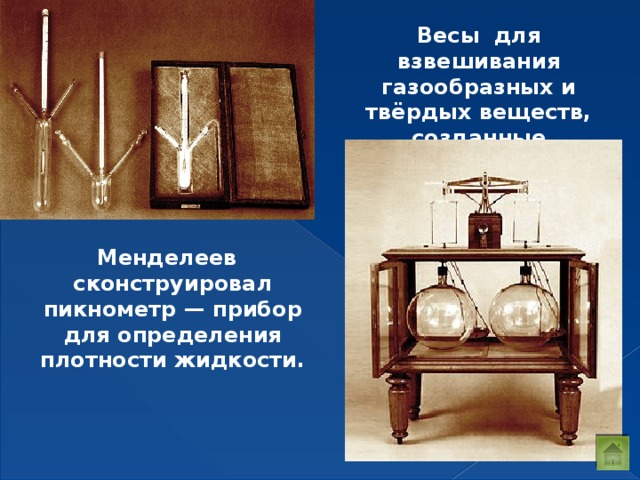 Весы для взвешивания газообразных и твёрдых веществ, созданные Менделеевым  Менделеев сконструировал пикнометр — прибор для определения плотности жидкости.