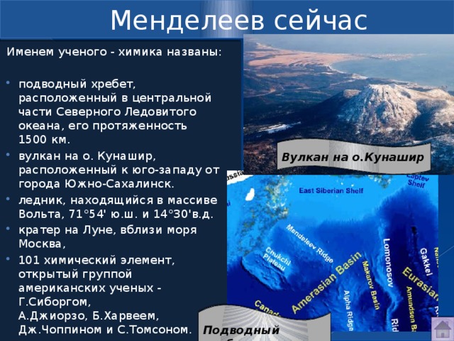 Менделеев сейчас Именем ученого - химика названы: подводный хребет, расположенный в центральной части Северного Ледовитого океана, его протяженность  1500 км. вулкан на о. Кунашир, расположенный к юго-западу от города Южно-Сахалинск. ледник, находящийся в массиве Вольта, 71°54' ю.ш. и 14°30'в.д. кратер на Луне, вблизи моря Москва, 101 химический элемент, открытый группой  американских ученых - Г.Сиборгом,  А.Джиорзо, Б.Харвеем, Дж.Чоппином и С.Томсоном. Вулкан на о.Кунашир Подводный хребет