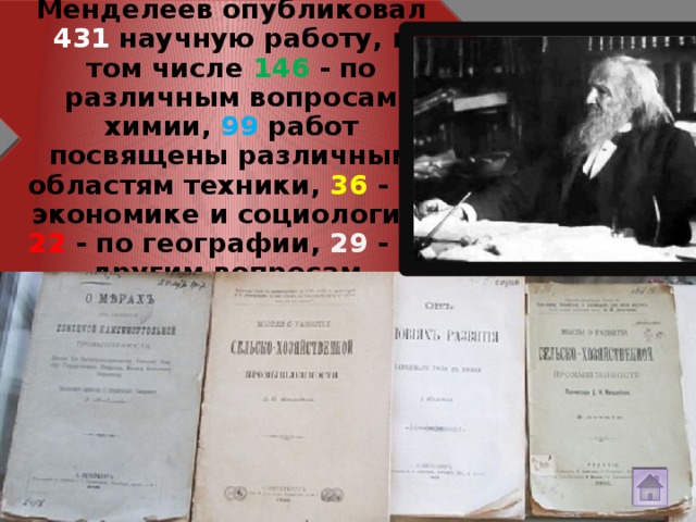 Менделеев опубликовал 431 научную работу, в том числе 146 - по различным вопросам химии, 99 работ посвящены различным областям техники, 36 - по экономике и социологии, 22 - по географии, 29 - по другим вопросам.
