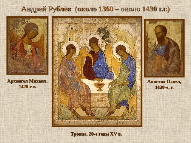 Андрей Рублёв (около 1360 – около 1430 г.г.)  Архангел Михаил, 1420-е г. Апостол Павел, 1420-е, г. Троица, 20-е годы XV в. 