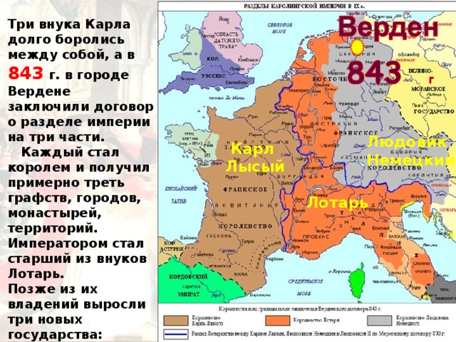 Три внука Карла долго боролись между собой, а в 843 г. в городе Вердене заключили договор о разделе империи на три части.  Каждый стал королем и получил примерно треть графств, городов, монастырей, территорий. Императором стал старший из внуков Лотарь. Позже из их владений выросли три новых государства: Германия, Италия, Франция. Людовик Немецкий Карл Лысый Лотарь 