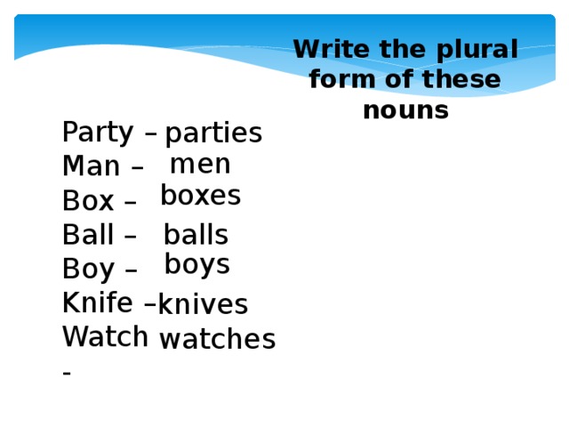 Write the forms of these. Write the plural forms. Write the plurals. Write the plural form of the Nouns. Write the plural form: watch.