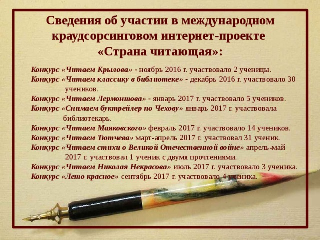 Сведения об участии в международном краудсорсинговом интернет-проекте «Страна читающая»: Конкурс «Читаем Крылова» - ноябрь 2016 г. участвовало 2 ученицы. Конкурс «Читаем классику в библиотеке» - декабрь 2016 г. участвовало 30  учеников. Конкурс «Читаем Лермонтова» - январь 2017 г. участвовало 5 учеников. Конкурс «Снимаем буктрейлер по Чехову» январь 2017 г. участвовала  библиотекарь. Конкурс «Читаем Маяковского» февраль 2017 г. участвовало 14 учеников. Конкурс «Читаем Тютчева» март-апрель 2017 г. участвовал 31 ученик. Конкурс «Читаем стихи о Великой Отечественной войне» апрель-май  2017 г. участвовал 1 ученик с двумя прочтениями. Конкурс «Читаем Николая Некрасова» июль 2017 г. участвовало 3 ученика. Конкурс «Лето красное» сентябрь 2017 г. участвовало 4 ученика.   