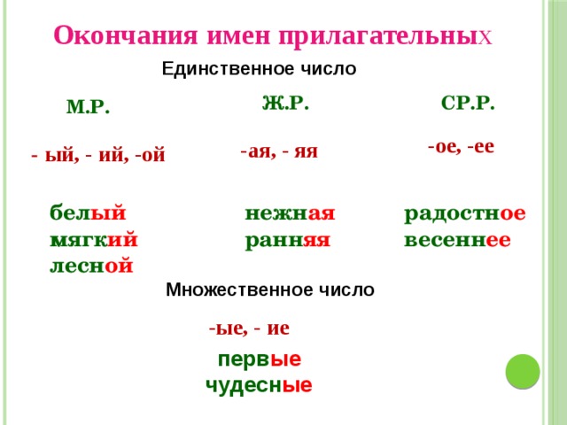 Окончания имен прилагательны х Единственное число Ж.Р. СР.Р. М.Р. -ое, -ее -ая, - яя - ый, - ий, -ой нежн ая ранн яя радостн ое бел ый мягк ий весенн ее лесн ой Множественное число -ые, - ие перв ые чудесн ые 