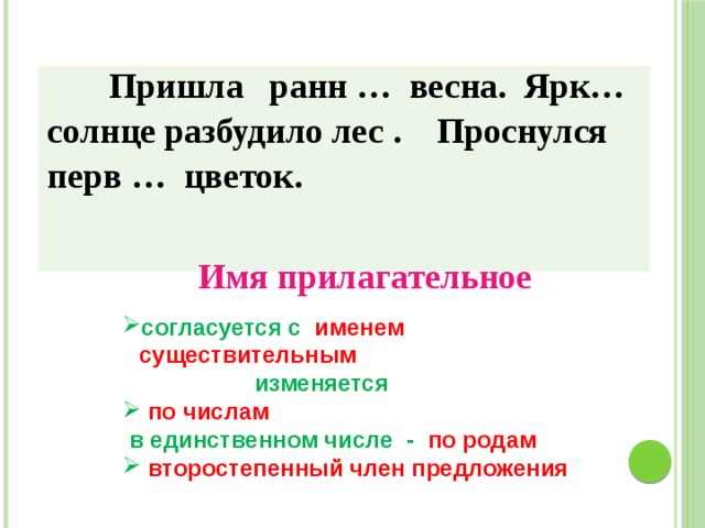  Пришла ранн … весна. Ярк… солнце разбудило лес . Проснулся перв … цветок. Имя прилагательное согласуется с именем существительным  изменяется  по числам  в единственном числе - по родам  второстепенный член предложения 