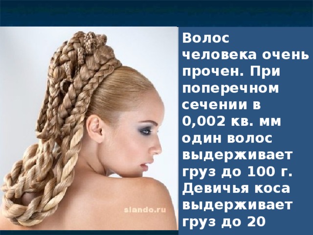 Волос человека очень прочен. При поперечном сечении в 0,002 кв. мм один волос выдерживает груз до 100 г. Девичья коса выдерживает груз до 20 тонн.  