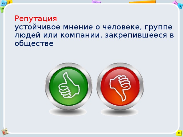 Репутация  устойчивое мнение о человеке, группе людей или компании, закрепившееся в обществе 