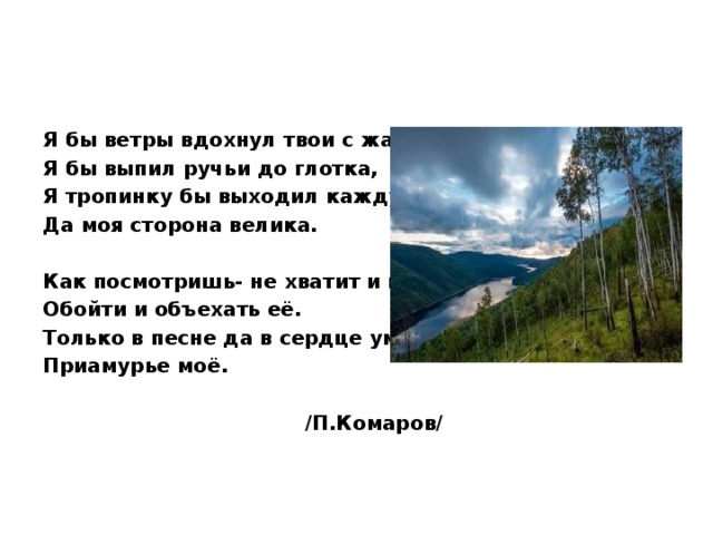 Я бы ветры вдохнул твои с жаждою, Я бы выпил ручьи до глотка, Я тропинку бы выходил каждую,- Да моя сторона велика. Как посмотришь- не хватит и месяца Обойти и объехать её. Только в песне да в сердце уместится Приамурье моё. /П.Комаров/ 