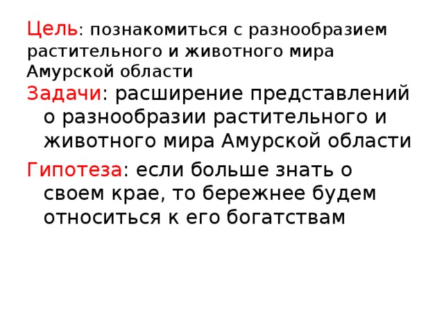 Цель : познакомиться с разнообразием растительного и животного мира Амурской области Задачи : расширение представлений о разнообразии растительного и животного мира Амурской области Гипотеза : если больше знать о своем крае, то бережнее будем относиться к его богатствам 