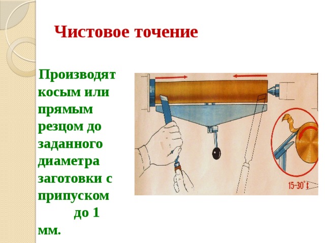 Чистовое точение  Производят косым или прямым резцом до заданного диаметра заготовки с припуском до 1 мм.  