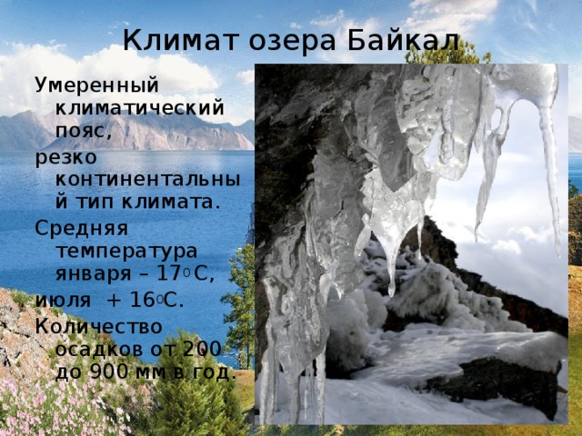 Климат озера Байкал Умеренный климатический пояс, резко континентальный тип климата. Средняя температура января – 17 0 С, июля + 16 0 С. Количество осадков от 200 до 900 мм в год. 