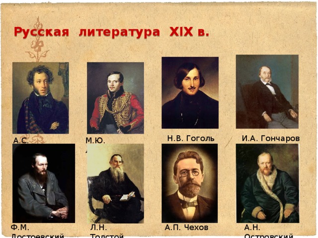 Русская литература XIX в. Н.В. Гоголь И.А. Гончаров М.Ю. Лермонтов А.С. Пушкин А.Н. Островский А.П. Чехов Л.Н. Толстой Ф.М. Достоевский 