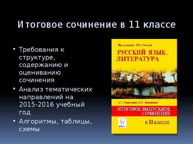  Итоговое сочинение в 11 классе Требования к структуре, содержанию и оцениванию сочинения Анализ тематических направлений на 2015-2016 учебный год Алгоритмы, таблицы, схемы 