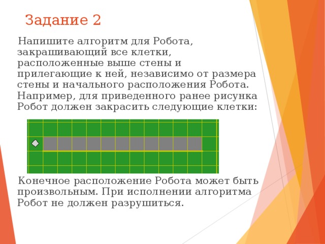 Задание 2 Напишите алгоритм для Робота, закрашивающий все клетки, расположенные выше стены и прилегающие к ней, независимо от размера стены и начального расположения Робота. Например, для приведенного ранее рисунка Робот должен закрасить следующие клетки: Конечное расположение Робота может быть произвольным. При исполнении алгоритма Робот не должен разрушиться. 