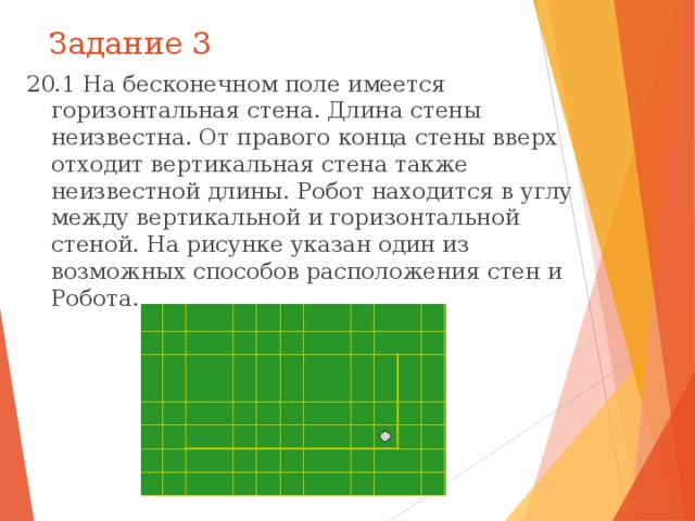 Задание 3 20.1 На бесконечном поле имеется горизонтальная стена. Длина стены неизвестна. От правого конца стены вверх отходит вертикальная стена также неизвестной длины. Робот находится в углу между вертикальной и горизонтальной стеной. На рисунке указан один из возможных способов расположения стен и Робота. 