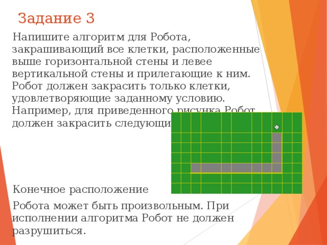 Задание 3 Напишите алгоритм для Робота, закрашивающий все клетки, расположенные выше горизонтальной стены и левее вертикальной стены и прилегающие к ним. Робот должен закрасить только клетки, удовлетворяющие заданному условию. Например, для приведенного рисунка Робот должен закрасить следующие клетки: Конечное расположение Робота может быть произвольным. При исполнении алгоритма Робот не должен разрушиться. 