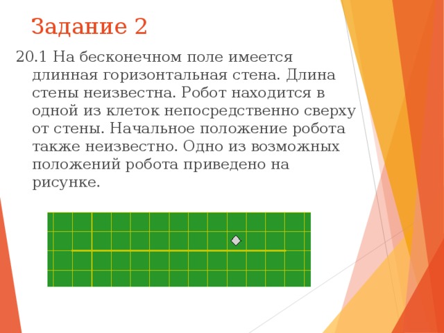 Задание 2 20.1 На бесконечном поле имеется длинная горизонтальная стена. Длина стены неизвестна. Робот находится в одной из клеток непосредственно сверху от стены. Начальное положение робота также неизвестно. Одно из возможных положений робота приведено на рисунке. 