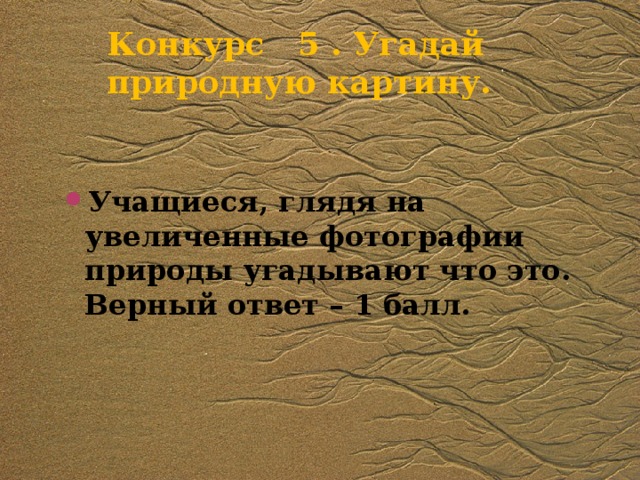 Конкурс 5 . Угадай природную картину.        Учащиеся, глядя на увеличенные фотографии природы угадывают что это. Верный ответ – 1 балл. 