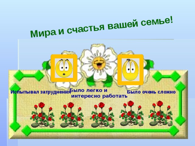 Мира и счастья вашей семье! Было легко и  интересно работать Испытывал затруднения  Было очень сложно 