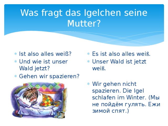 Was fragt das Igelchen seine Mutter? Ist also alles wei ß? Und wie ist unser Wald jetzt? Gehen wir spazieren? Es ist also alles wei ß. Unser Wald ist jetzt wei ß. Wir gehen nicht spazieren. Die Igel schlafen im Winter. (Мы не пойдём гулять. Ежи зимой спят.) 
