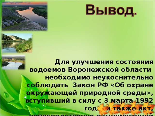 Статус водоемов. Презентация о водоёмах Воронежской области. Вывод о водоеме. Вывод о реках Воронежской области. Презентация река Воронеж.