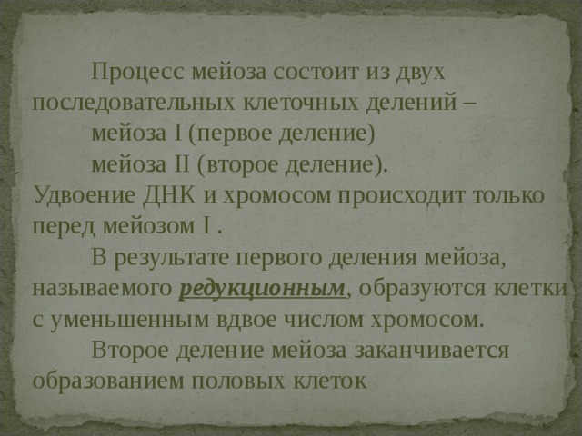  Процесс мейоза состоит из двух последовательных клеточных делений –  мейоза I (первое деление)  мейоза II (второе деление). Удвоение ДНК и хромосом происходит только перед мейозом I .  В результате первого деления мейоза, называемого редукционным , образуются клетки с уменьшенным вдвое числом хромосом.  Второе деление мейоза заканчивается образованием половых клеток 