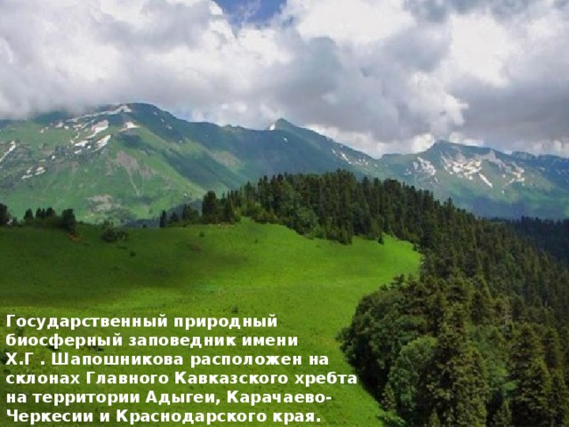 Государственный природный биосферный заповедник имени Х.Г . Шапошникова расположен на склонах Главного Кавказского хребта на территории Адыгеи, Карачаево-Черкесии и Краснодарского края. 