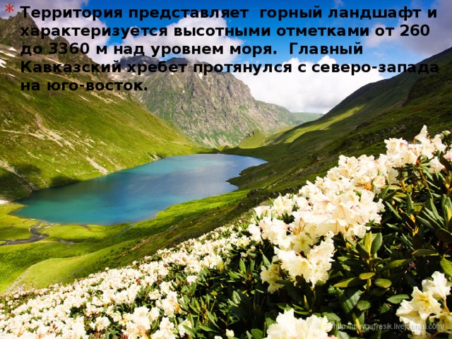 Территория представляет горный ландшафт и характеризуется высотными отметками от 260 до 3360 м над уровнем моря. Главный Кавказский хребет протянулся с северо-запада на юго-восток. 