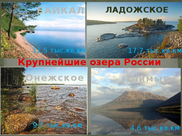 ЛАДОЖСКОЕ БАЙКАЛ 31,5 тыс.кв.км 17,7 тыс.кв.км Крупнейшие озера России Онежское Таймыр 9,7 тыс.кв.км 4,6 тыс.кв.км 