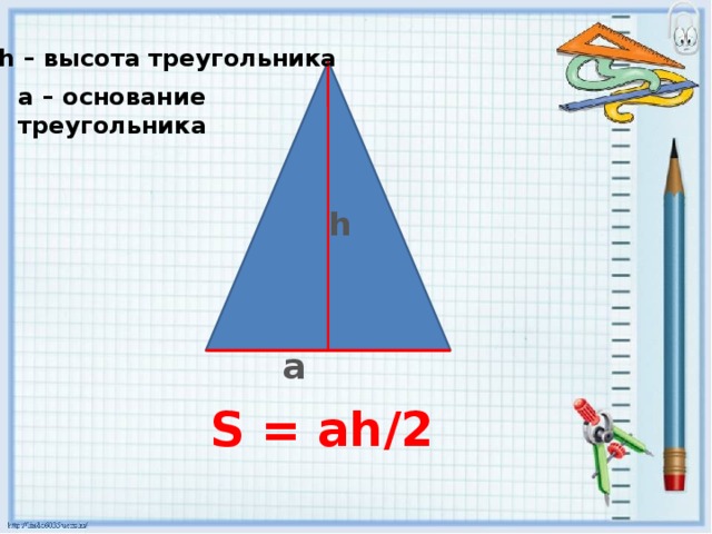 h – высота треугольника а – основание треугольника h a S = ah/2 