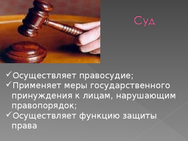 Осуществляет правосудие; Применяет меры государственного принуждения к лицам, нарушающим правопорядок; Осуществляет функцию защиты права   