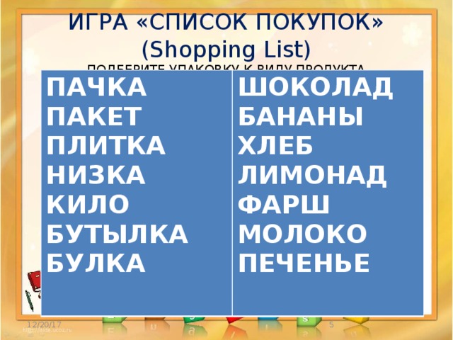 ИГРА «СПИСОК ПОКУПОК» (Shopping List)  ПОДБЕРИТЕ УПАКОВКУ К ВИДУ ПРОДУКТА ПАЧКА ШОКОЛАД ПАКЕТ ПЛИТКА БАНАНЫ НИЗКА ХЛЕБ КИЛО ЛИМОНАД БУТЫЛКА ФАРШ БУЛКА МОЛОКО  ПЕЧЕНЬЕ 12/20/17  