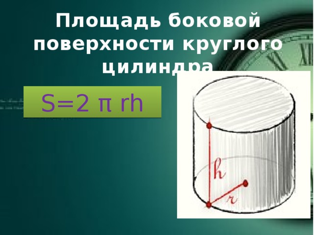 Площадь боковой поверхности круглого цилиндра S=2 π rh 