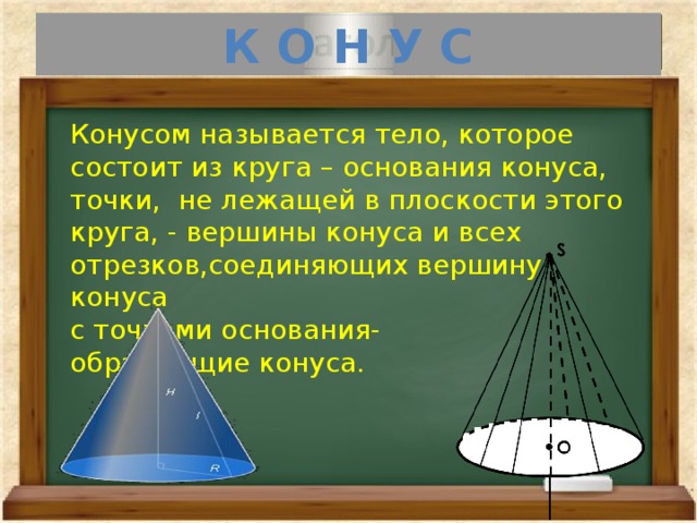 К О Н У С Конусом называется тело, которое состоит из круга – основания конуса, точки, не лежащей в плоскости этого круга, - вершины конуса и всех отрезков,соединяющих вершину конуса с точками основания- образующие конуса. 