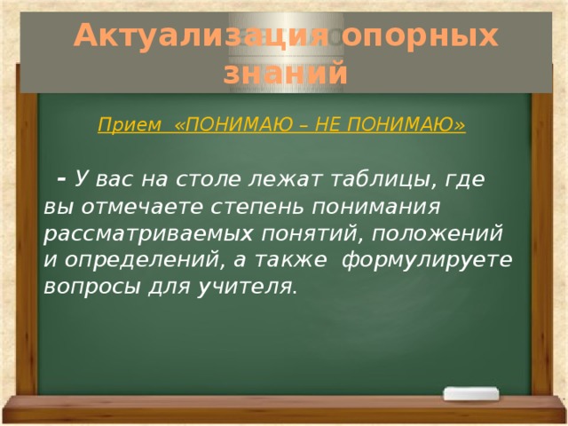 Актуализация опорных знаний   Прием «ПОНИМАЮ – НЕ ПОНИМАЮ»   - У вас на столе лежат таблицы, где вы отмечаете степень понимания рассматриваемых понятий, положений и определений, а также формулируете вопросы для учителя.   