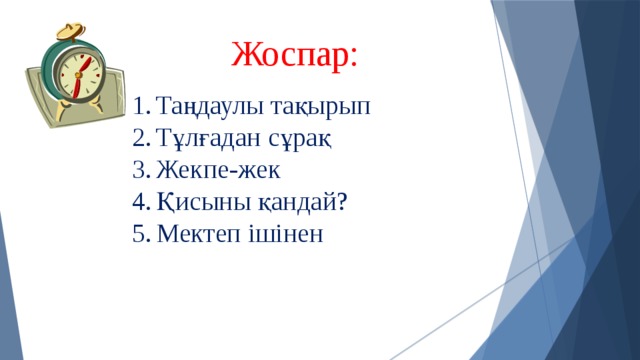  Жоспар: Таңдаулы тақырып Тұлғадан сұрақ Жекпе-жек Қисыны қандай? Мектеп ішінен 